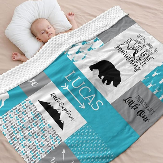 Customzed Baby Blanket for Boys Super Soft Double Layer with Dotted Backing, Monogrammed Receiving Blanket with Cute Woodland Multicolor Printed Blanket, Teal, 40 x 50 Inch