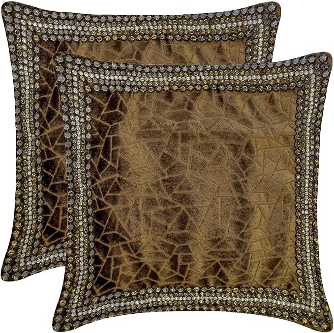 The HomeCentric King/Queen/Twin Brown Decorative Bed Runner Full 68"x18" Bed Runner Without Pillow Cover, Border, Crystal, Cut Velvet, Mosiac Pattern Bed Scarf on Velvet Fabric - Velvet Fusion