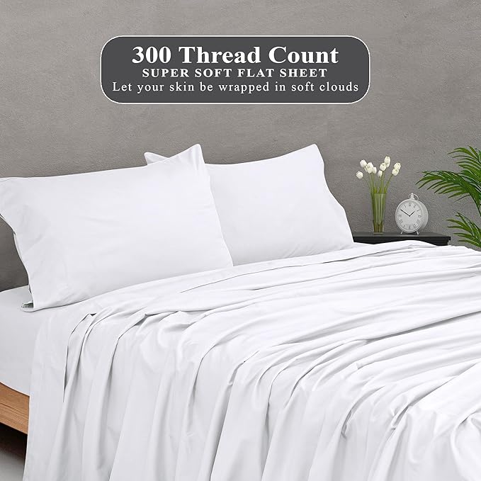 Royale Linens 300 Thread Count 100% Long Staple Combed Cotton Flat Sheet - Super Soft - Top Sheets - Full Flat Sheet Sold Separately - Breathable, Cool & Crisp Percale Sheets Only (Twin XL,White)