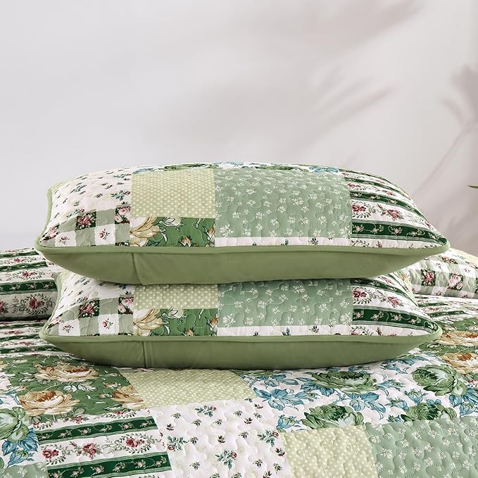 Anibedding Patchwork Quilt Set King Size Sage Green Floral Bedspread Coverlet Set, Green Rustic Plaid Quilted Bedding Set, Soft Microfiber Farmhouse Bedding Set for All Season