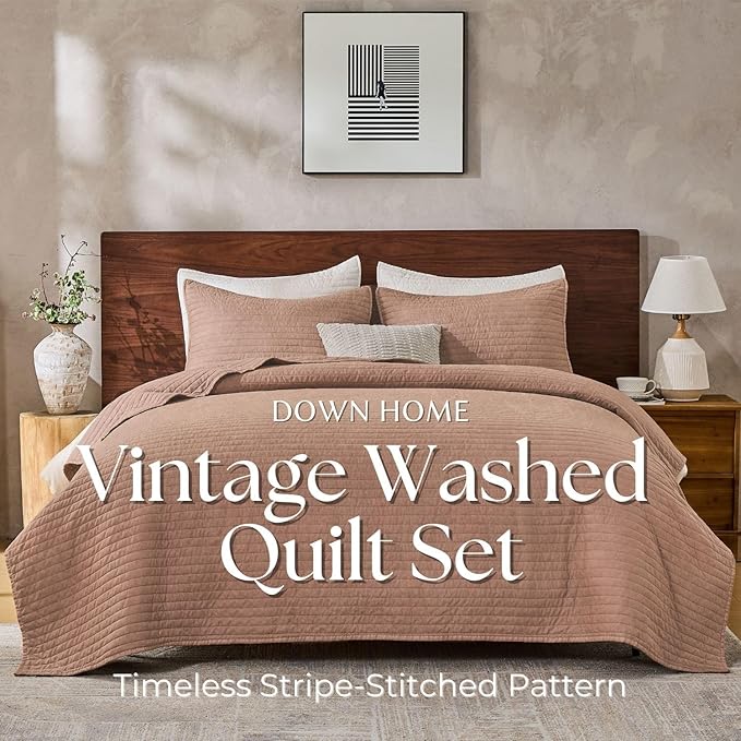 DOWN HOME King Quilt Bedding Set with Shams, Vintage Washed Soft Quilted Blanket Thin Comforter Lightweight Bedspread Coverlet Bed Cover, Brushed Microfiber Stripe Stitching, Desert Blush, 104"x90"