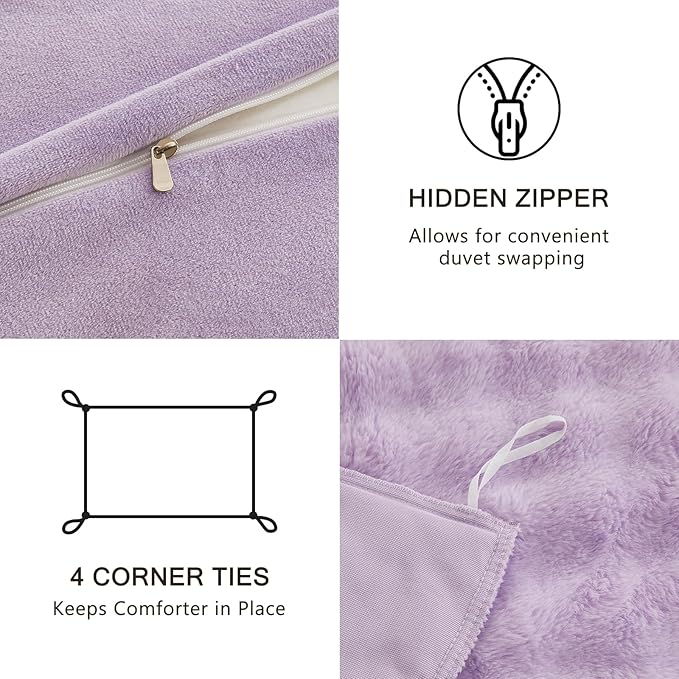 EMME Faux Fur Duvet Cover King Size, 3 Pieces Ultra Soft Fluffy Comforter Cover, Cozy Warm for Winter, Luxury Elegant Shaggy Bubble Design Bedding, 1 Duvet Cover & 2 Pillow Shams (King, Purple)