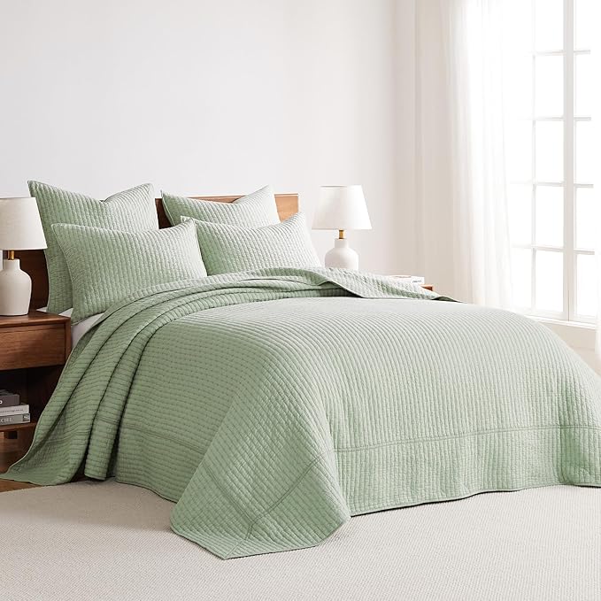 Levtex Home Cross Stitch Reversible King Bedspread Set (120x104in) with 2 Pillow Shams (36x20in) - Stitch Texture - Desert Sage - Cotton King Size Bedspread Set - Soft, Pre-Washed