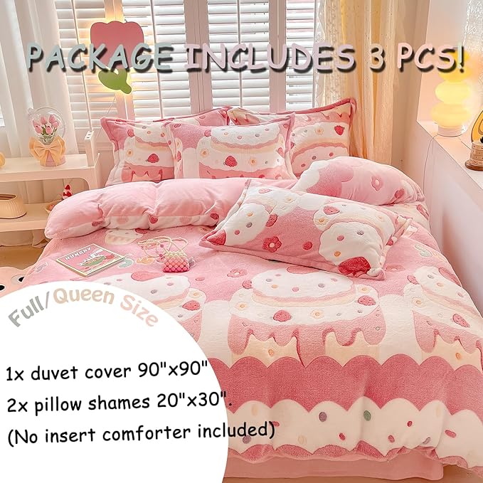MorroMorn Pink Duvet Cover Queen, Cream Cake Kawaii Bedding Sets, Fluffy Comforter Covers Set, Down Alternative Blanket Ultra Soft Cute for Girls Kids Teen Women Full Double Size
