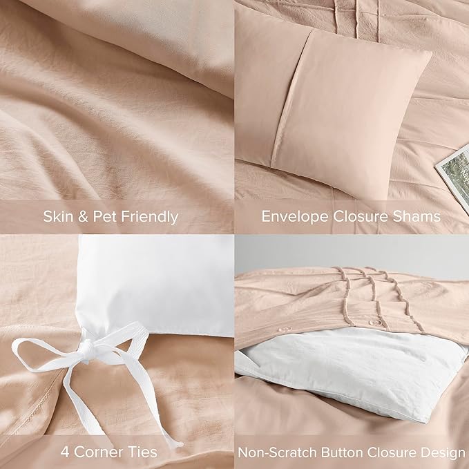 Comfort Spaces Blush Twin Size Duvet Cover Set - 2 Pieces Pintuck Pleated Duvet Cover All Season Lightweight, Extra Softness Pre-Washed Microfiber Twin Bedding Cover Shams, Twin/Twin XL