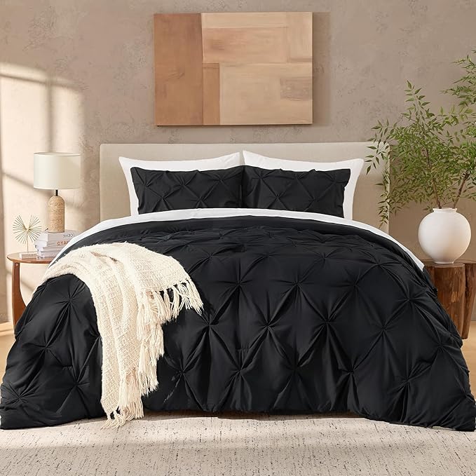 Andency Black Pinch Pleat Comforter Queen(90x90Inch), 3 Pieces(1 Pintuck Comforter and 2 Pillowcases) Pintuck Comforter Set, Microfiber All Season Down Alternative Bedding Set
