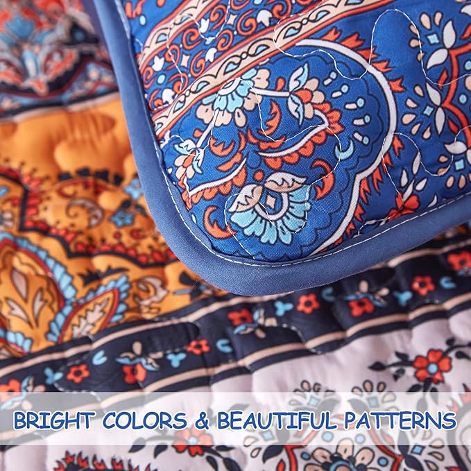 WONGS BEDDING Boho Fall Quilt King Size, Blue and Orange Bohemian King Quilt, Lightweight Microfiber Bed Decor Bedspread for All Season 103"x90"(3 Pieces)