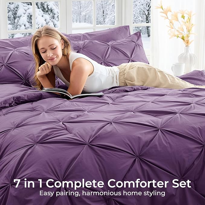 Sasttie King Size Comforter Set, 7-Piece Bed in a Bag, Pintuck Bedding Set for All Season, Includes Comforter, Flat Sheet, Fitted Sheet, Pillowcases and Pillowshams, Grape Purple