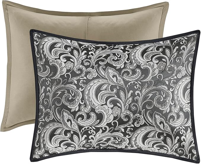 Madison Park Essentials Brystol 24 Piece Room in a Bag Faux Silk Comforter Jacquard Paisley Design Matching Curtains Down Alternative All Season Bedding-Set, Black 24 Piece, King(104 in x 92 in)