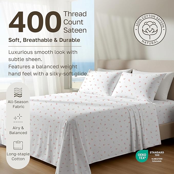 California Design Den Queen Sheet Set - 400 Thread Count Sateen, Natural 100% Cotton Sheets, Deep Pocket and Durable Bedding - Soft Floral