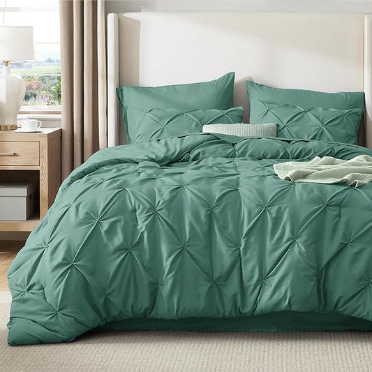 Bedsure California King Comforter Set Graysih Green - Bed in a Bag Cal King Bedding Set 7 Pieces, GentleSoft™ Pintuck Bed Set Gift for Family, Pinch Pleat Comforter with Sheets, Pillowcases & Shams