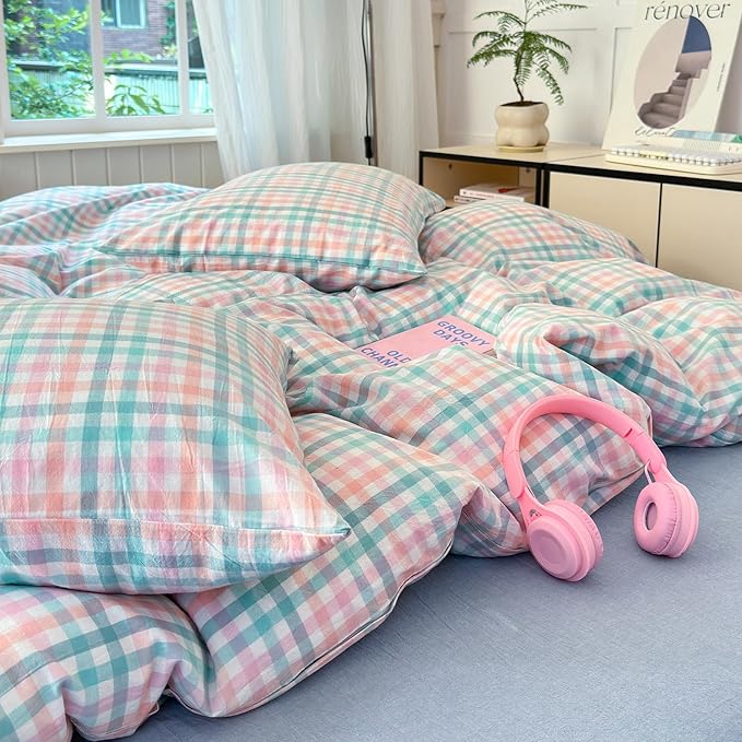 LifeTB Gingham Comforter Set King 3 Pieces Multi-Colored Grid Comforter Lightweight Checkered Plaid Comforter Set with 2 Pillowcases Fluffy Soft Grid Printed Pattern Farmhouse Gingham Bedding Set