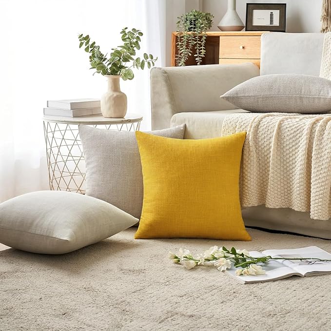 MIULEE Pack of 2 Decorative Linen Burlap Textured Pillow Covers Farmhouse Boho Accent Pillowcases Spring Home Decor for Couch Sofa Bedroom Living Room 18x18 Inch Bright Yellow