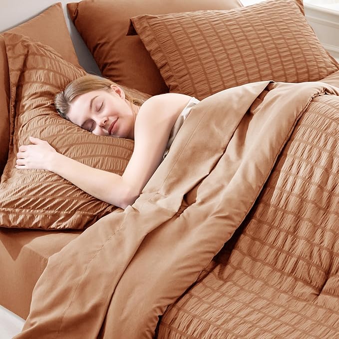 CozyLux King Size Comforter Set Pumpkin Seersucker 7 Pieces Bed in a Bag King Comforter Set with Sheets, Luxury Bedding Set with Down Alternative Comforter, Sheets, Pillowcases & Shams All Seasons