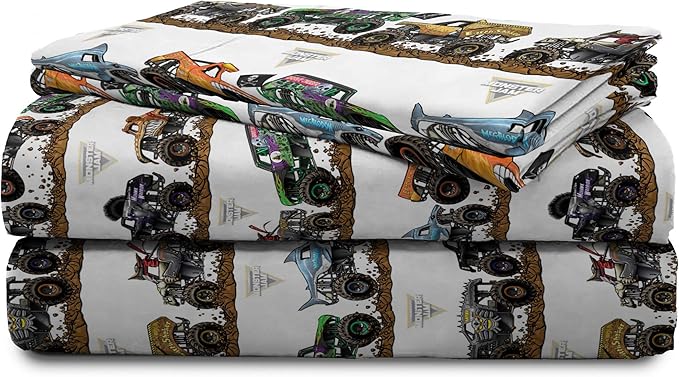 Jay Franco Kids Sheet Set with Fitted, Flat Sheets & Pillow Cover - Ultra-Soft Bedding with Pillowcase for Room Decor, Multi - Monster Jam, 4 Piece Queen