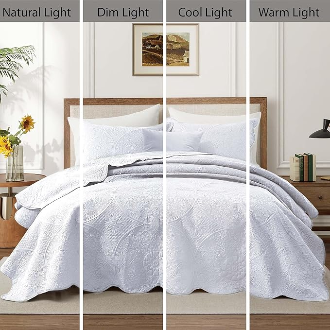 MOONLIGHT20015 8 Pack California King Quilt Bedding Set (118"x106") - Bulk Wholesale for Hotels, Guest Bedroom & Airbnbs - Microfiber Reversible Floral Embossed Quilts Bedspreads (White)