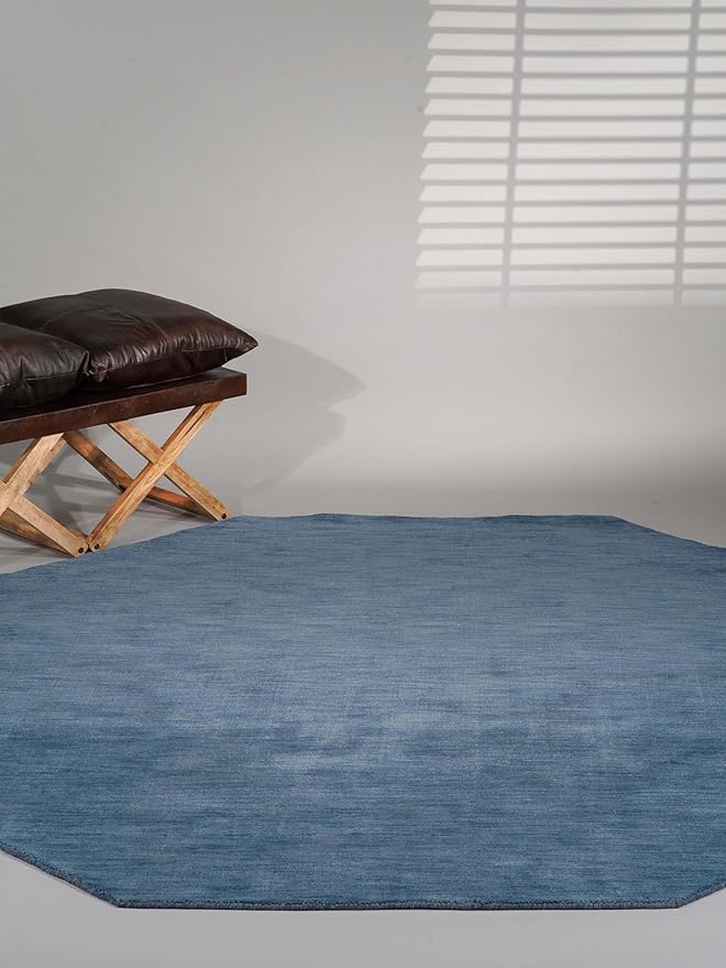 Hand Knotted Loom Wool ECO-Friendly Area Rugs - 10'x10', Octagon, Blue Color, Solid Plain Design, High Pile Thick Handmade Anti Skid Area Rugs for Living Room, Bed Room (L00111)