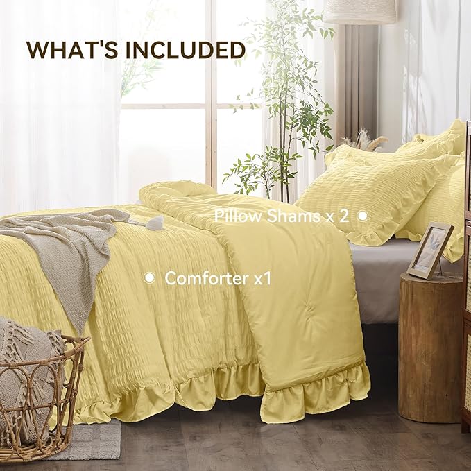JOLLYVOGUE Full Size Comforter, 3 Pieces Light Yellow Seersucker Lightweight Full Size Bedding, All Season Fluffy Microfiber Bedding Comforter Set with 1 Ruffle Comforter and 2 Ruffle Pillowshams