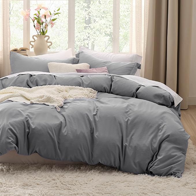 Bedsure Grey California King Duvet Cover - Prewashed Cotton-Like Polyester Extra Soft Bedding Set, Includes 1 Cal King Duvet Cover 104x98 Inches with Zipper Closure & 2 Pillow Shams, No Comforter