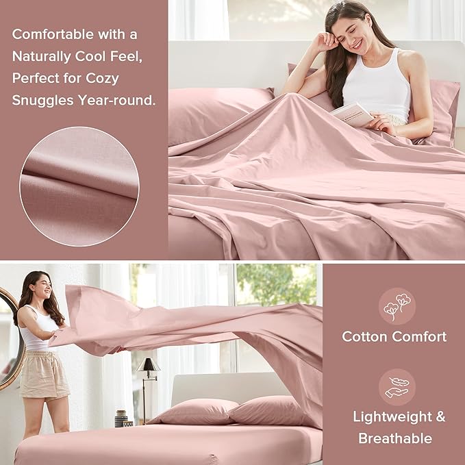 Comfort Spaces 100% Cotton Sheets King, Breathable & Ultra Soft Cotton Sheets, Naturally Cool Cotton Bed Sheets with 14" Elastic Pocket Fits up to 16" Mattress, All Seasons Sheet Set, Pink 4 Piece