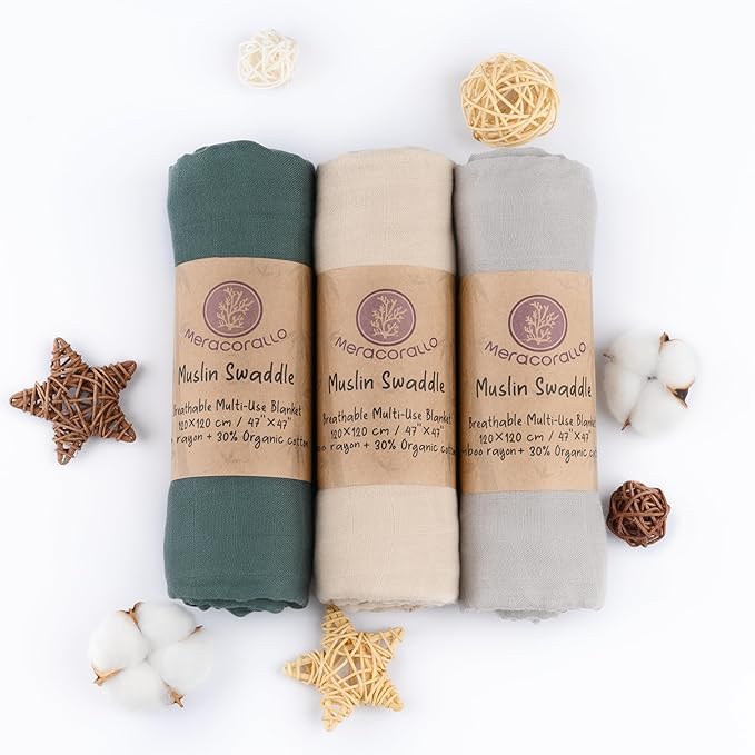 Meracorallo Muslin Swaddle Blanket Silky Soft Receiving Blanket Neutral Swaddle Wrap for Baby Boys and Girls, 47 x 47 inches, Set of 3 Solid Color (Green+Beige+Gray)