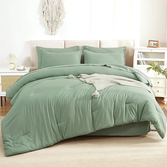Litanika Comforter King Size Set Sage Green - 7 Pieces Bed in a Bag King Bedding Comforter Sets, Plain Lightweight Bed Set with Comforter, Sheets, Pillowcases & Shams