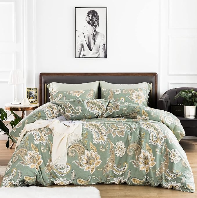 YuHeGuoJi Paisley King Duvet Cover 100% Cotton Green Floral Duvet Cover Set 3 Pieces 1 Boho Vintage Flower Patterned Duvet Cover with Zipper Ties 2 Pillowcases Sage Bedding Soft Breathable Durable