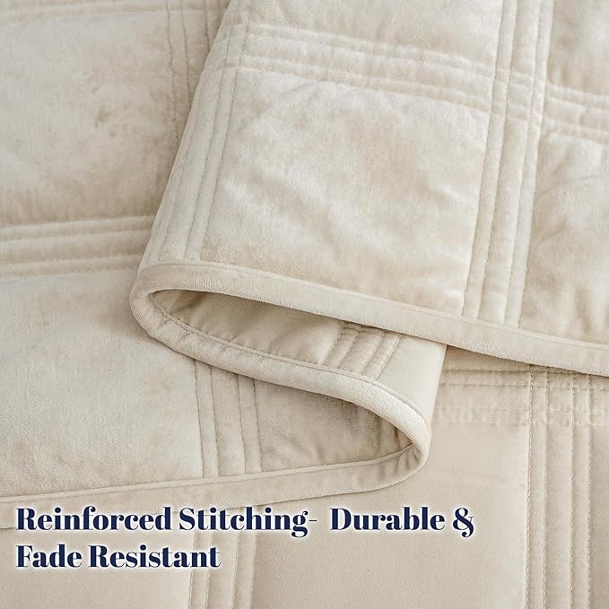 PHF Ultra Soft Velvet Quilt Set King Size – 3PCS Luxurious Cozy Quilted Comforter Alternative with Diamond Pattern, Warm Quilted Bedspread Coverlet, 108" x 92", Sand