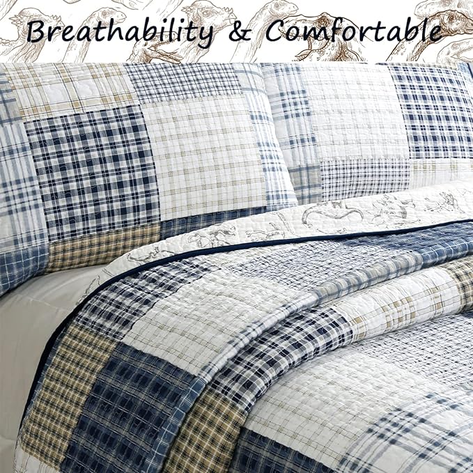 Cozy Line Home Fashions Benjamin Cute Dinosaur Plaid Navy Blue White Grey Bedding Quilt Set 100% Cotton Reversible Coverlet Bedspread Set for Kids Boy (Queen - 3 Piece)