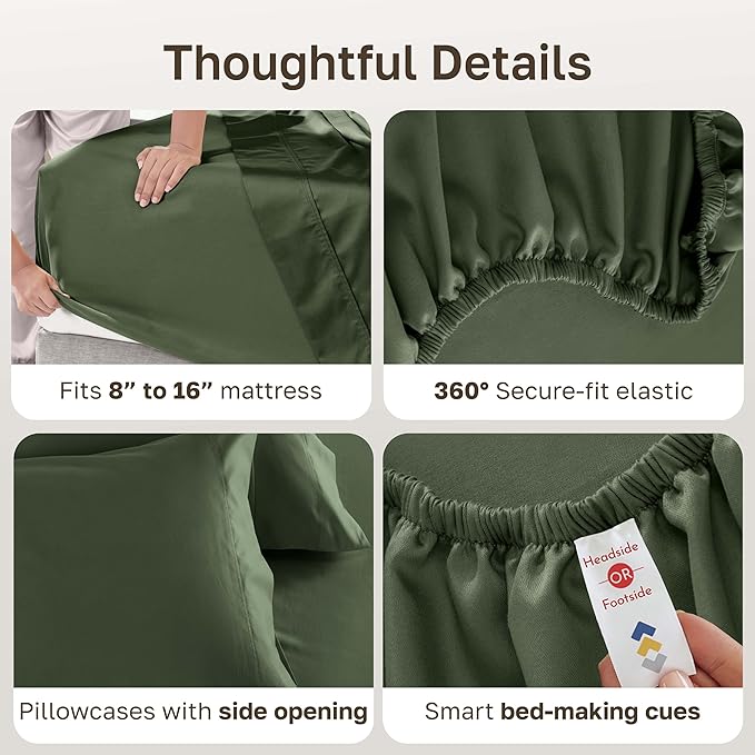 California Design Den Full Size Bed Sheets Cotton Set - Luxury 600 Thread Count 100% Cotton Sateen, Full Size Bed Sheets Cooling Set with Deep Pockets, Hotel Quality Sheets - Dark Olive Green