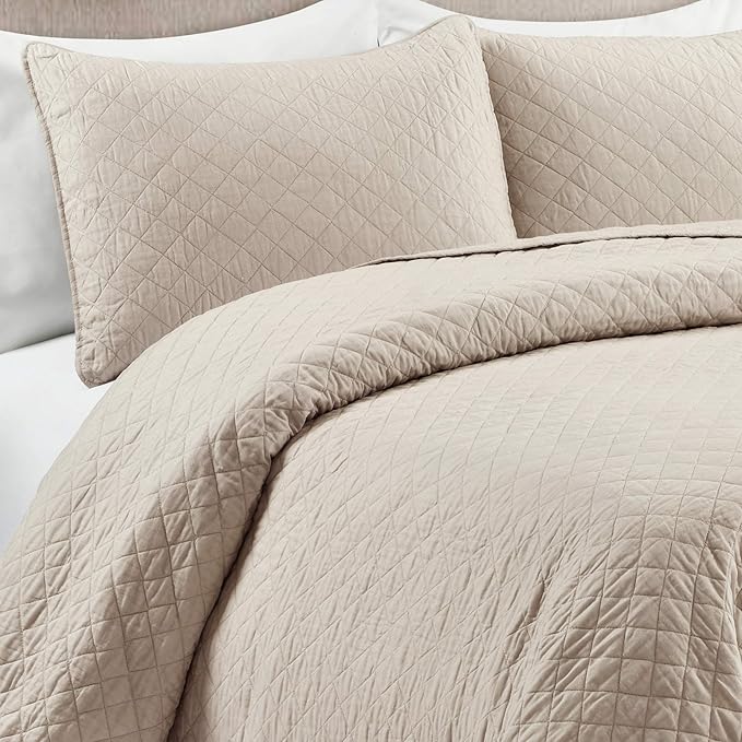 Lush Decor Ava Quilt Diamond Pattern Solid 3 Piece Oversized Bedding Blanket Bedspread Set - Full/Queen - Neutral