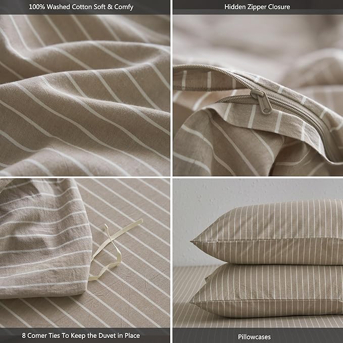 MooMee Striped Duvet Cover Set 100% Washed Cotton Linen Like Textured Breathable Durable Soft Comfy (Tannish Linen Grey White Wide Stripes, Palatial King/Oversized King 120"x98")