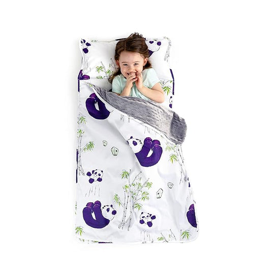 JumpOff Jo Nap Mat for Kids - Cozy Kids Rest Mat with Removable Pillow and Ultra Soft Blanket for Preschool, Daycare, and Sleepovers - Playful Pandas