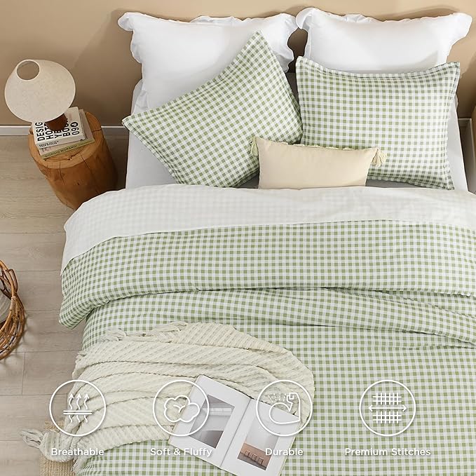 Andency Sage Gingham Comforter Set Twin(66x90Inch), Green Checkered Grid Plaid Buffalo Bed Set for Girls Boys Kids Teens, 2 Pieces Lightweight Microfiber Geometric Preppy Bedding