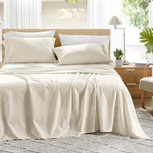 Comfort Spaces 100% Cotton Sheets King, Breathable & Ultra Soft Cotton Sheets, Naturally Cool Cotton Bed Sheets with 14" Elastic Pocket Fits up to 16" Mattress, All Season Sheet Set, Ivory 4 Piece
