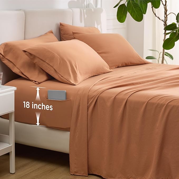 Bedsure Deep Pocket King Sheet Set - 6 Piece, Prewashed Ultra-Soft King Size Sheets Set, Fits Mattresses Up to 18 Inches Thick, Breathable & Secure Fit, Hotel Luxury Bedding, Burnt Orange