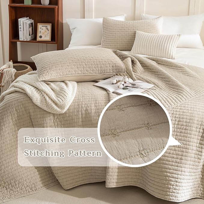 CozyTide Oversized Queen Bedspread 102"x118",Wheat Stone-Washed Cotton Lightweight Oversized Queen Quilt,3 Pieces Extra Large Modern Boho Coverlet Set Ultra Soft