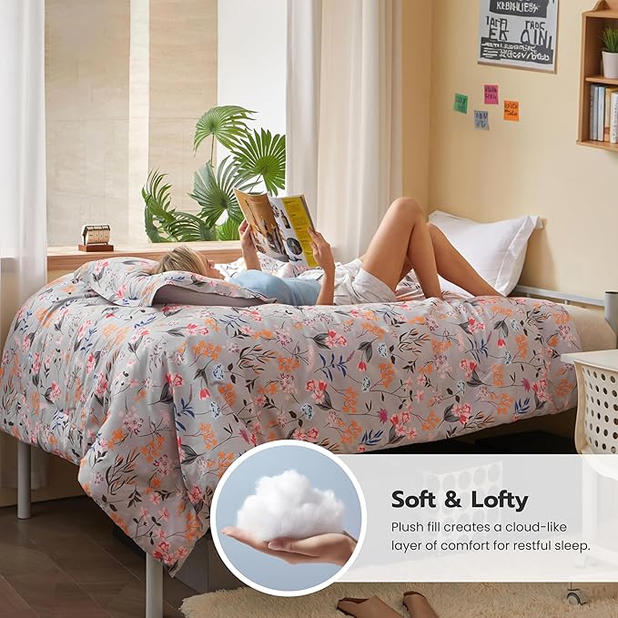 Joiedomi Twin Comforter Set Light Grey, 2 Pieces Floral Twin Bedding Set with 1 Soft Reversible Flower Comforter and 1 Pillow Sham, Bed in a Bag for All Seasons