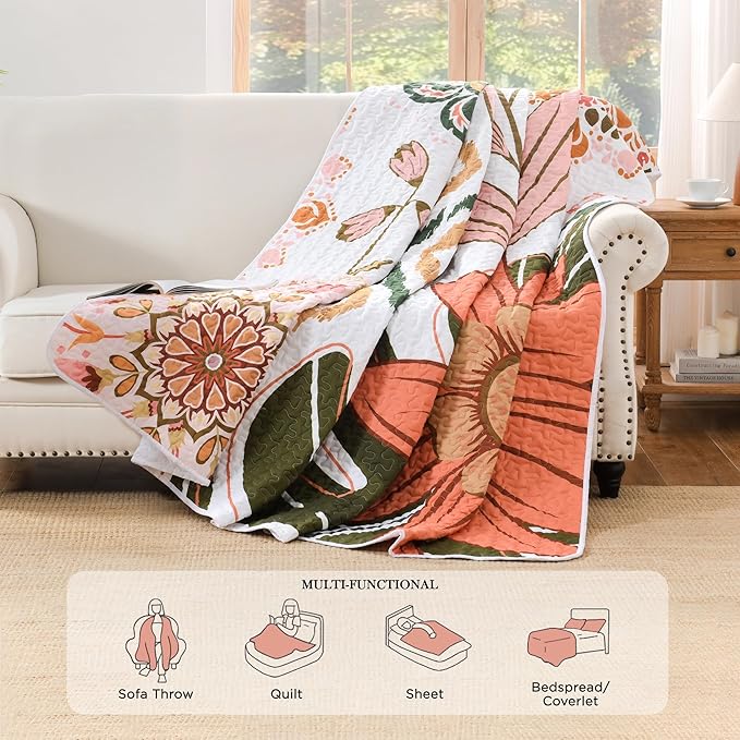 Andency Floral Boho Quilt King Size Bedding Set Pink, 3 Pieces Farmhouse Flower Botanical Summer Bedspreads with 2 Shams, Soft Reversible Lightweight Microfiber Coverlet Set for All Season, 106"x96"