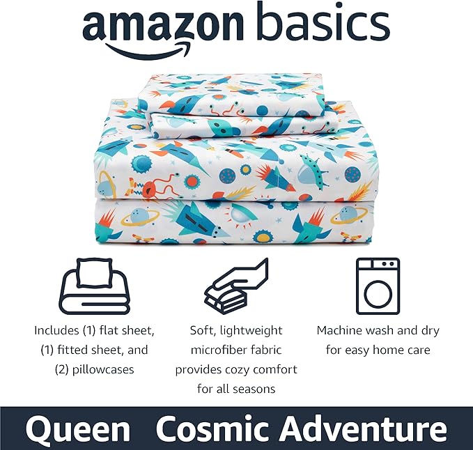 Amazon Basics Kid's Soft Easy-Wash Microfiber 4-Piece Sheet Set with Pillowcase, Queen, Cosmic Adventure