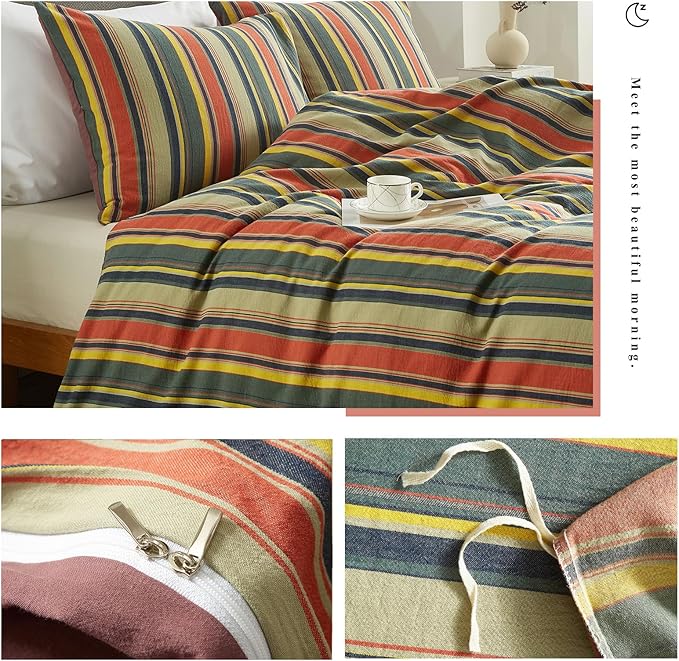 VM VOUGEMARKET Red Green Stripes Duvet Cover Twin XL Boho Farmhouse Style Washed Cotton Multi-Color Striped Bedding Set for Teens 1 Duvet Cover with 2 Pillowcases