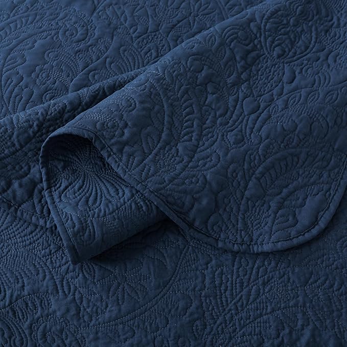 HoneiLife Queen Quilt Bedding Set - Microfiber Quilt Sets for Queen Bed, 3-Piece Lightweight Bedspreads,Reversible Coverlets Rustic Bedlinen Sets, Floral Bedding Set All Season Quilts-Navy