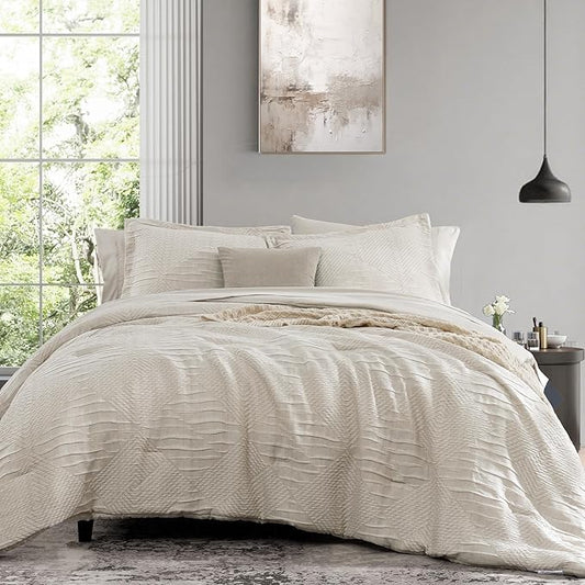 MaiRêve Queen Comforter Set Beige, Crinkle Textured Design Boho Bedding Set 7 Pieces Bed in A Bag, All Season Geometric Comforter Set with Sheets, Pillowcases & Shams
