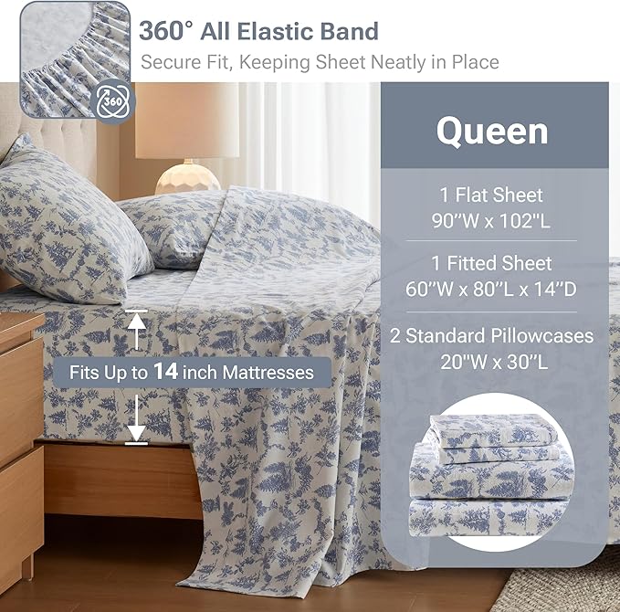 True North by Sleep Philosophy Cotton Sheet Set Cozy Print 100% Cotton Flannel Sheets Bedding Set, Oversized Sheets, Deep Pocket Fits Up to 14" Mattress Queen Bed Sheets Queen Toile Pine Trees 4pc