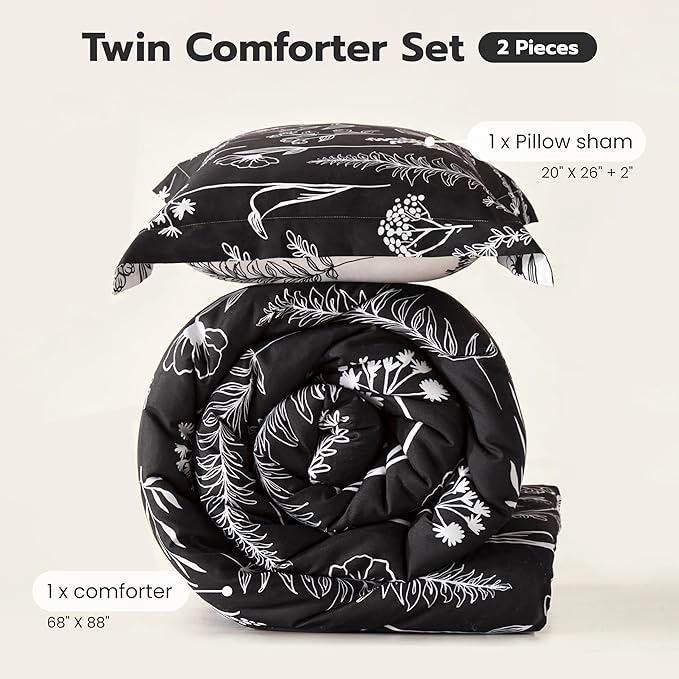 Joiedomi Twin Comforter Set Black, 2 Pieces Floral Twin Bedding Set with 1 Soft Reversible Botanical Comforter and 1 Pillow Sham, Bed in a Bag for All Seasons
