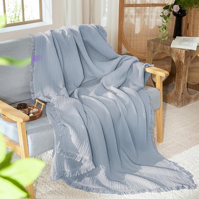 MooMee Muslin Blanket - 100% Cotton 4-Layer Gauze Throw Blanket with Tassels Ultra-Soft Breathable Lightweight Cooling for Bed Couch (Dusty Blue,Super King 108" x 98")