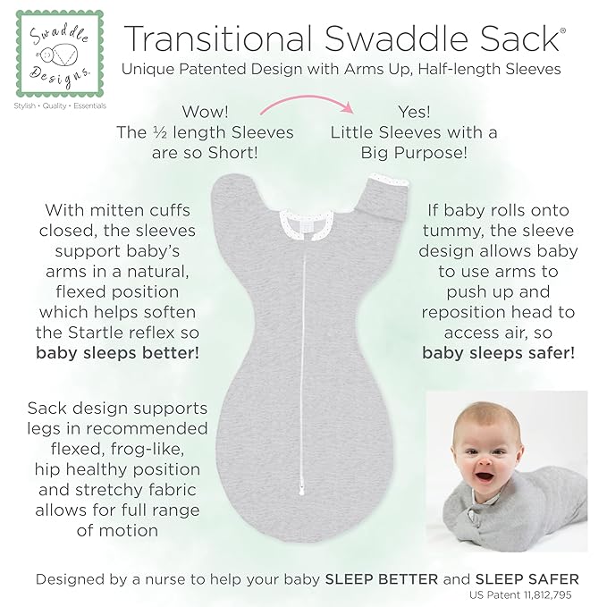 SwaddleDesigns Transitional Swaddle Sack, Arms Up Half-Length Sleeves & Mitten Cuffs, Swaddle for Newborn Transition to Baby Sleep Sack Wearable Blanket, 6-9 Month, 21-24 lb, Heathered Green Turtle