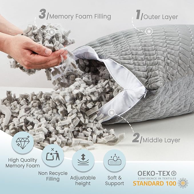 Bafode Memory Foam Pillows Queen Size Set of 2, Shredded Memory Foam Pillows, Cooling Pillow for Sleeping, Adjustable Bed Pillows for Side, Back and Stomach Sleepers