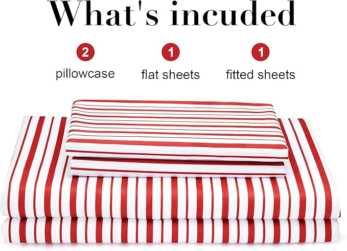 Best Season Burgundy Red Striped Sheets Set Full Size 4 Piece - Super Soft, Easy Care & Breathable Red and White Pinstripe Bed Sheet Set with 16-Inch Deep Pockets, Great Gift for Christmas & Birthday