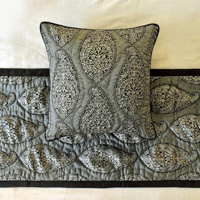 The HomeCentric King/Queen/Twin Grey Decorative Twin 53"x18" Bed Runner with Pillow Cover, Paisley & Beaded Bed Scarf on Jacquard Fabric - Paisley History